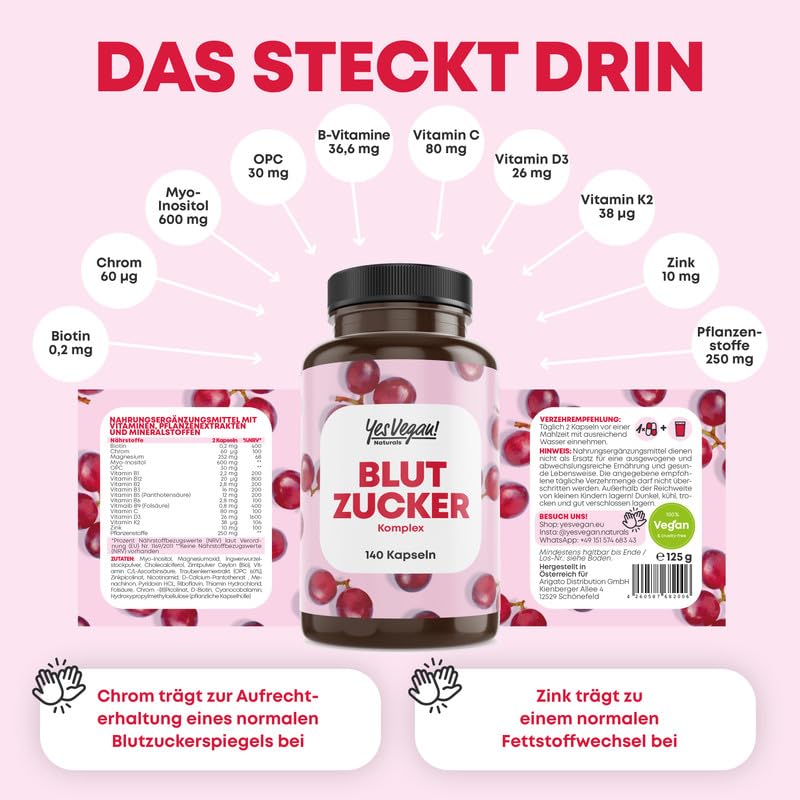 Blood sugar complex - 140 blood sugar capsules - tailored micronutrients especially suitable for diabetics - with grape seed extract OPC. Chromium. Magnesium - vegan