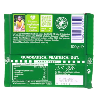 Ritter Sport Mælk med hel mandel 100 g