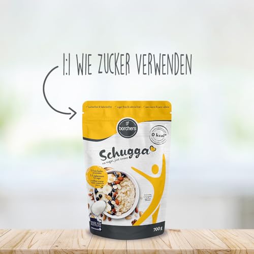 Borchers Schugga 700 g | Kein Zucker, nur süß | XXL-Tasche | Erythrit mit kristallinem Sucralose-Süßstoff | Zuckeralternative | Süßstoff | Kalorienfrei | 0,7 kg