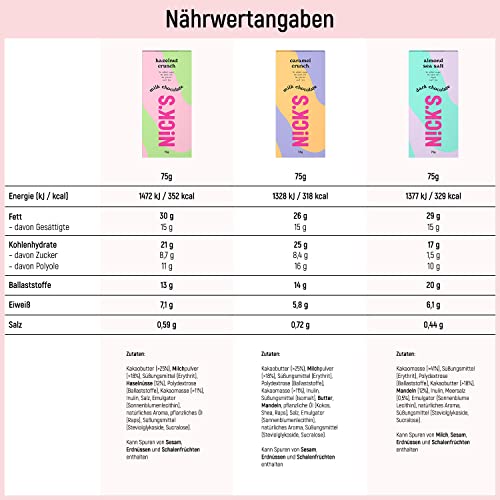 Nicks čokoládové tyčinky mísí bez přidaného cukru, bezlepkového, nízkého karbu, bez palmového oleje, keto čokolády (3x75g)