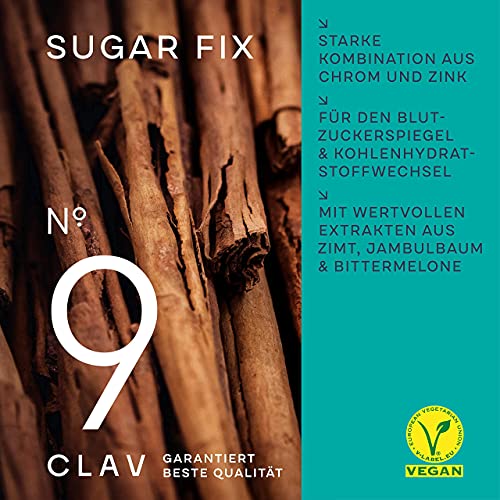 CLAV® N°9 SUGAR FIX - Skořicové kapsle se 400 mg skořicového extraktu, 40 μg chrómu a 10 mg zinku na denní dávku plus beta glukan, strom jambul a hořký meloun - rovnováha krevního cukru - 60 kapslí - vegan