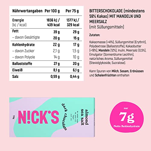 Nicks čokoládové tyčinky mísí bez přidaného cukru, bezlepkového, nízkého karbu, bez palmového oleje, keto čokolády (3x75g)