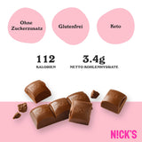 Nicks mléčné čokoládové keto bary bez přidaného cukru, 112 kcal, 3,4 g čistých uhlohydrátů, nízkoeribkových sladkostí, bezlepkový občerstvení (15x25g)