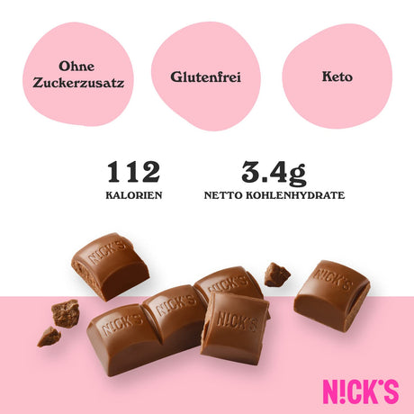 Nicks mléčné čokoládové keto bary bez přidaného cukru, 112 kcal, 3,4 g čistých uhlohydrátů, nízkoeribkových sladkostí, bezlepkový občerstvení (15x25g)