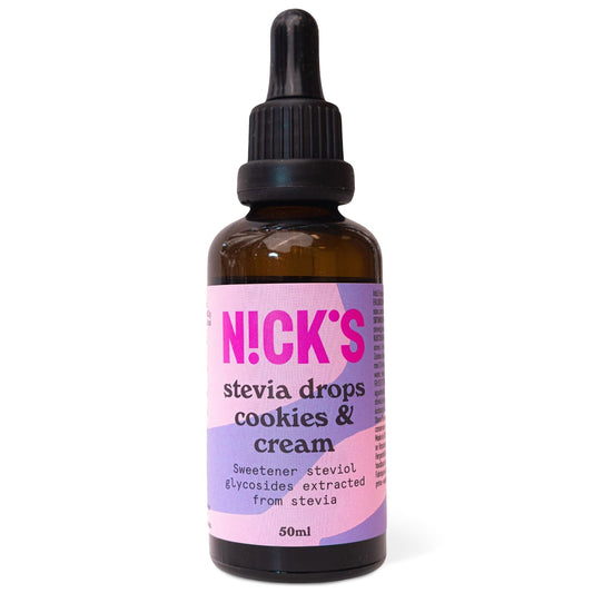 Nicks Stevia Liquid Cookies a Cream Chuť kapky (50 ml) Keto bez cukru bez cukru Stolní sladidlo bez kalorií, nízký náklad cukru s nízkým obsahem sacharidů, sladidlo, sladidlo kapaliny, alternativa k cukru, sladidlo s pipetou