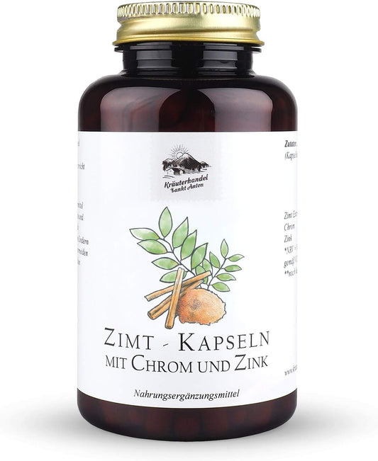 Kräuterhandel Sankt Anton - 180 Capsule di cannella - 400 mg Estratto di cannella Dose giornaliera - Alto dosaggio - Chromium - Zinco - qualità premium tedesca