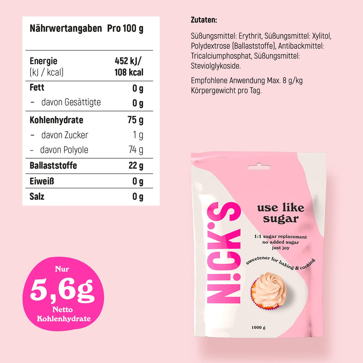 Nicks se používají jako cukr, nízkokalorická náhrada cukru, perfektní nízko-sacharidy na sladidlo pečení xylitolu, erythritolu, stevie a polydextózy | Keto | Vegan (1 kg)