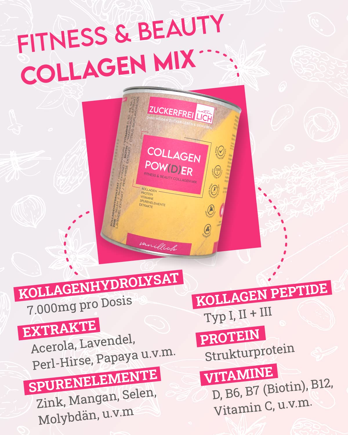 Zuckerfreilich Collagen Pulver Kokos 240G Ohne Zucker, Kollagen MIT Vitaminen, Proteina Zuckerfreies Und SpureNelement, Hochdosiert MIT 7.000 mg Kollagenhydrolisat Pro Porzione