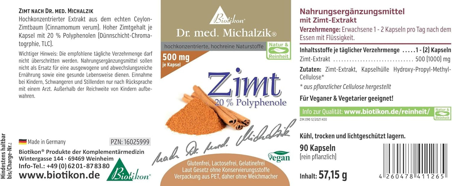 Ceylon Cinnamon Dr. Med. Michalzik - per capsulă [500mg] scorțișoară + [20%] polifenoli - extract mai fin din arborele de scorțișoară din Ceylon Real - fără aditivi - de la Biotikon®