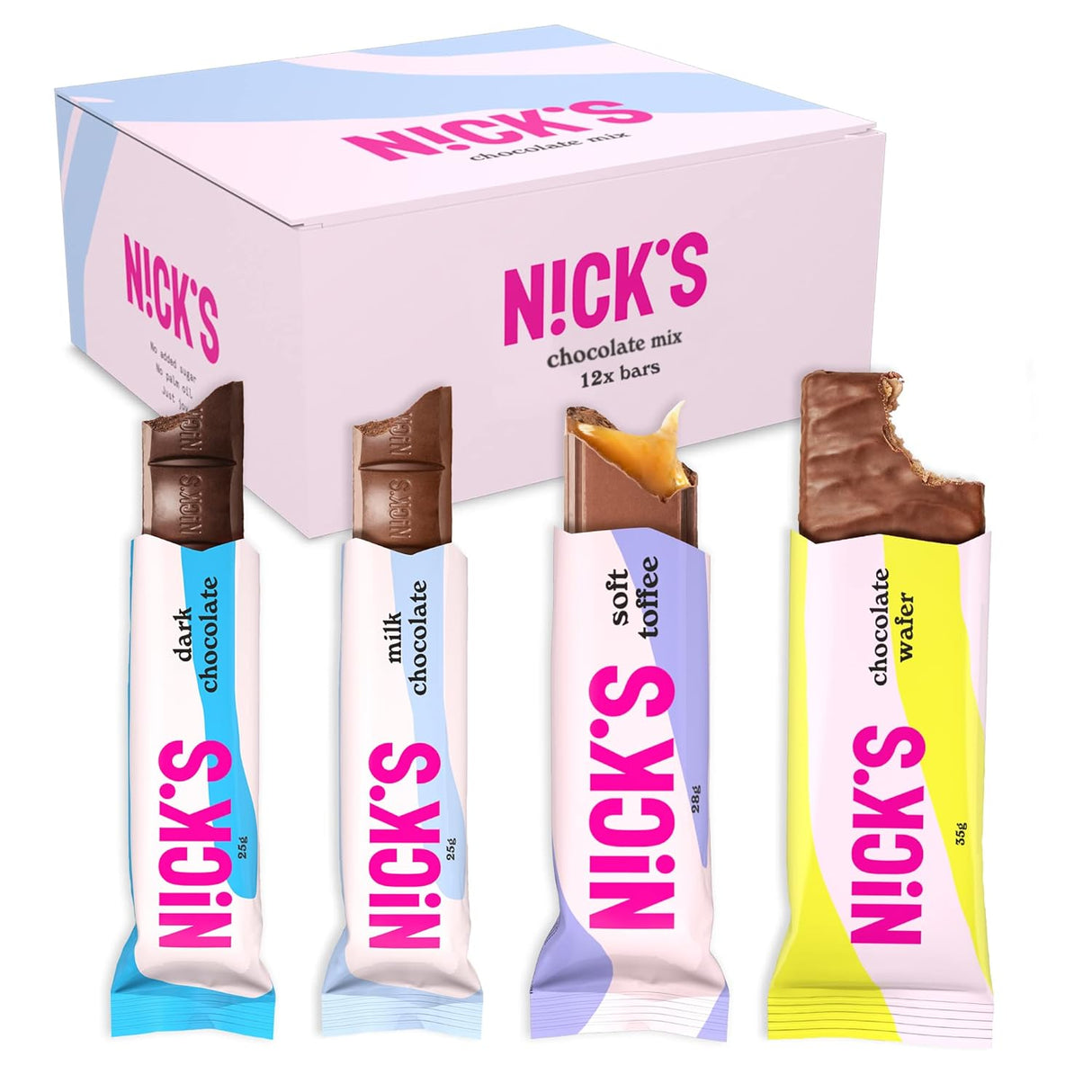 Nicks Chocolate Keto Bars Chocolate Mix s čokoládovými tyčinkami bez přidaného cukru, bezlepkových, nízkoeribkových sladkostí (12 občerstvení)