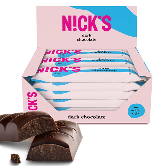 NICKS Dark Chocolate Vegan Keto Bars with no added sugar, 107 Kcal, 1.1g Net carbs, Low carb sweets, Gluten-free snack bar (15x25g)