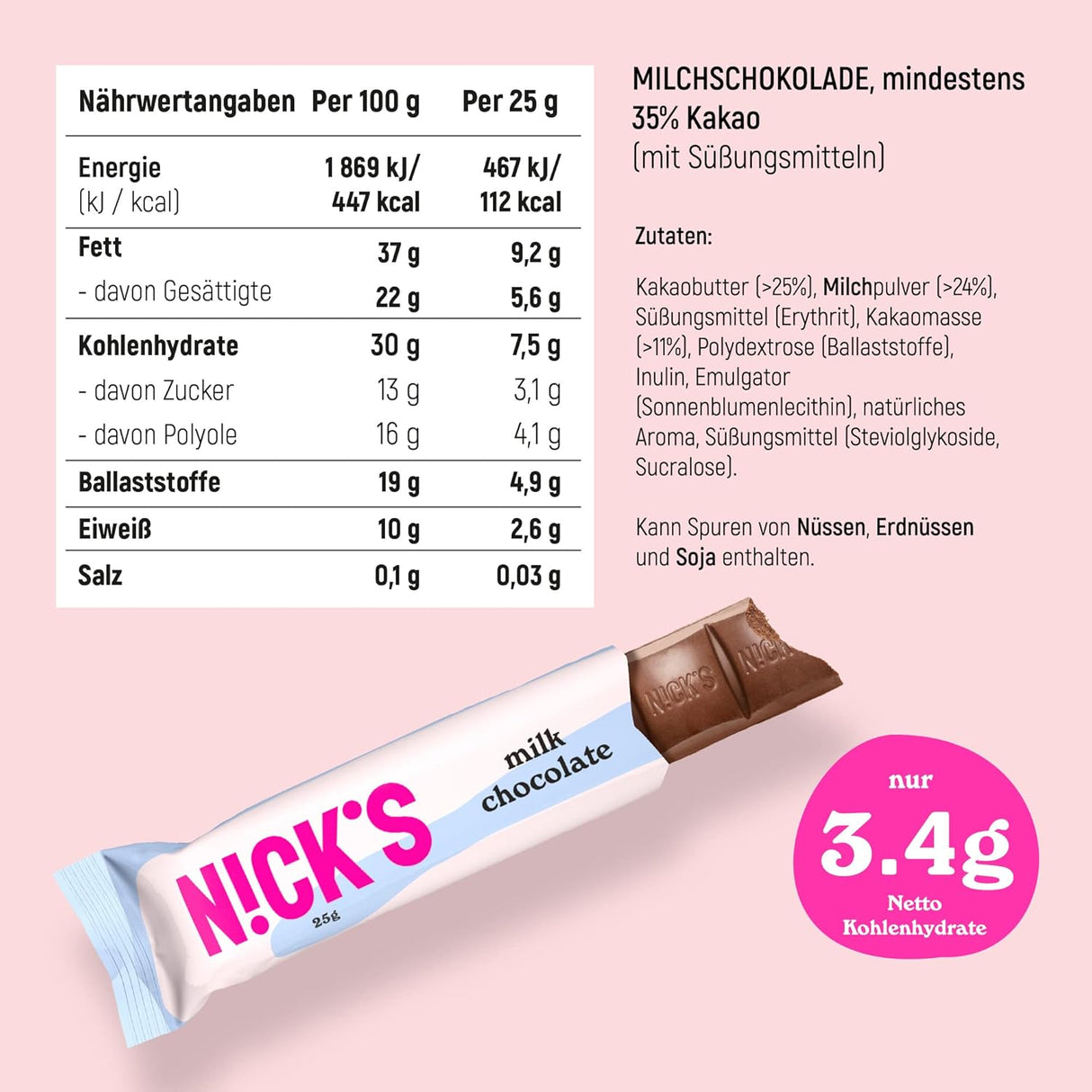 Nicks mléčné čokoládové keto bary bez přidaného cukru, 112 kcal, 3,4 g čistých uhlohydrátů, nízkoeribkových sladkostí, bezlepkový občerstvení (15x25g)