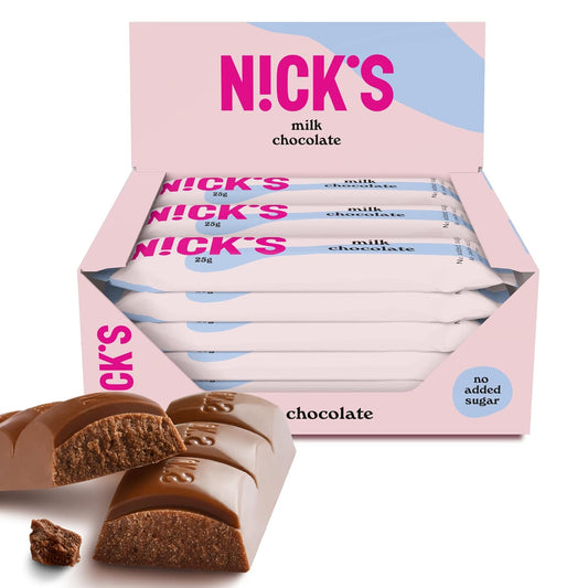 Nicks Milk Chocolate Keto barer uten tilsatt sukker, 112 kcal, 3,4g netto karbohydrater, lavkarbo -søtsaker, glutenfri snackbar (15x25g)