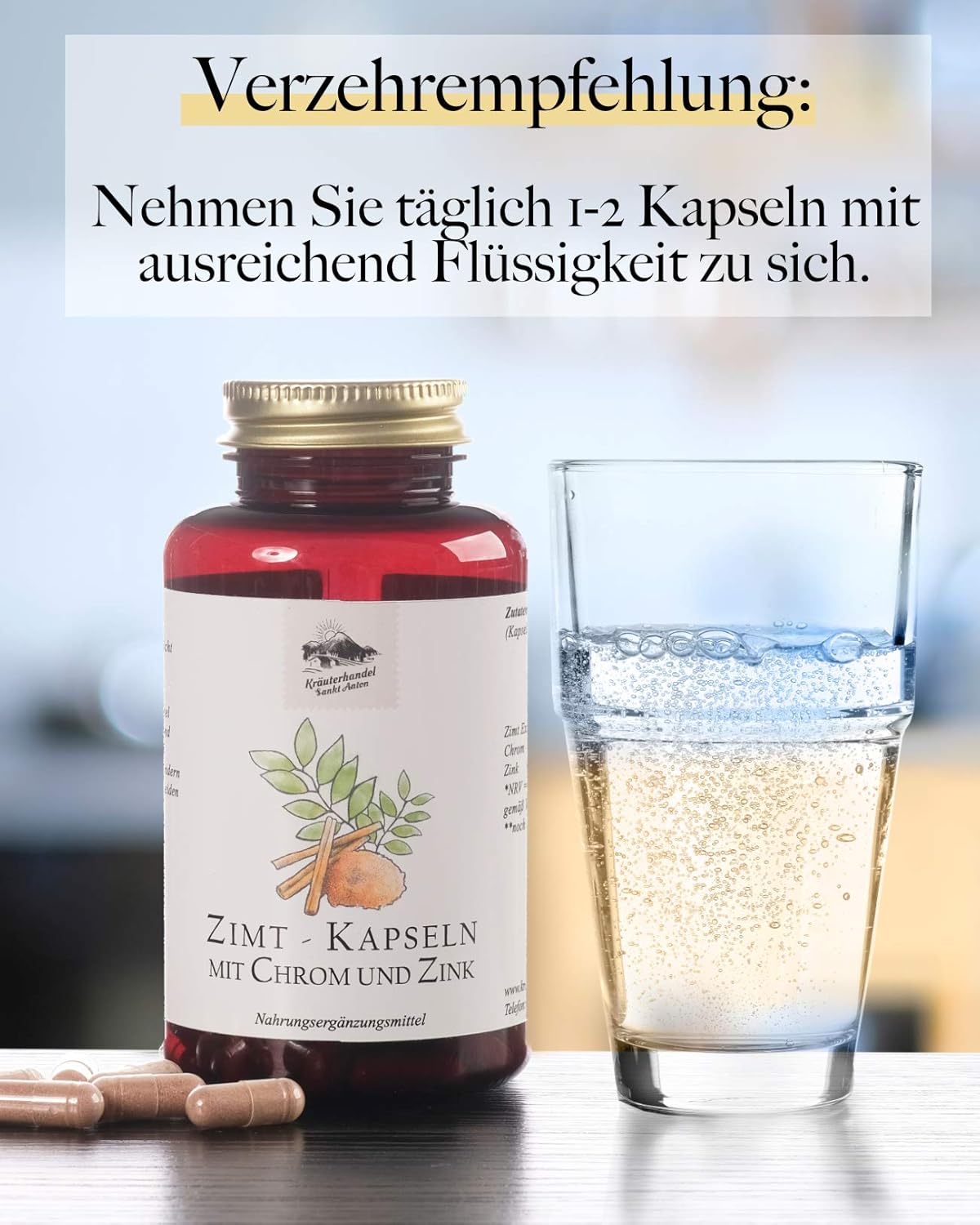 Kräuterhandel Sankt Anton - 180 Cápsulas de canela - 400 mg Extracto de canela dosis diaria - Dosis alta - Cromo - Zinc - Alemania Premio Calidad