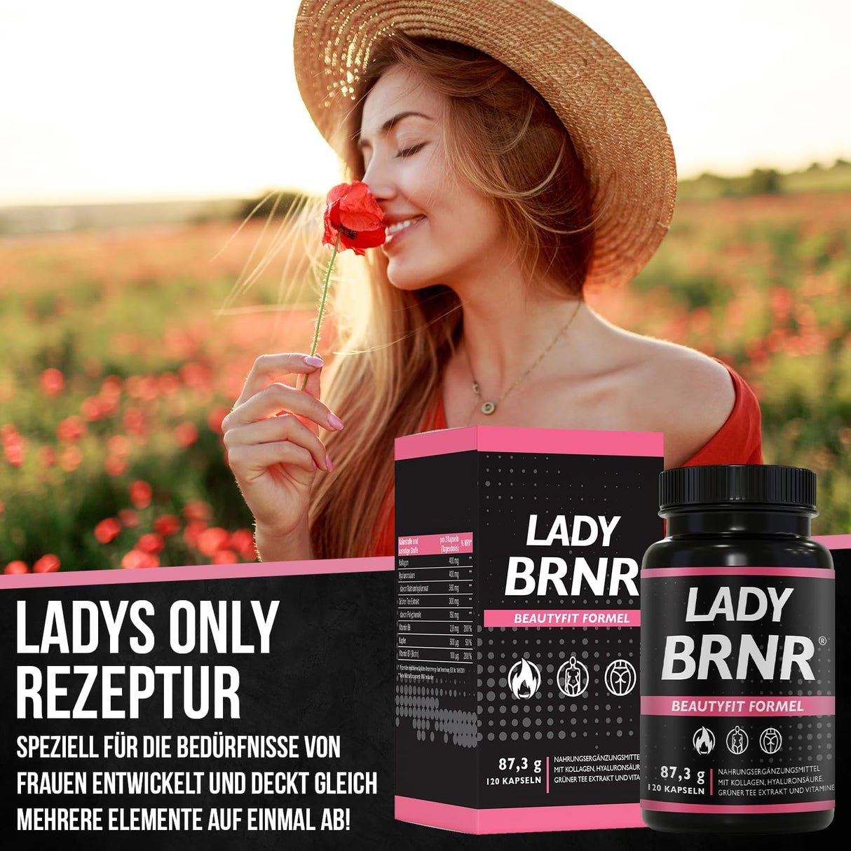 BRNR LADY BRNR - Metabolismus BeautyFit s vitamínem B6, pojivová tkáň s mědí, kolagen, vysokodávkovaná kyselina hyaluronová, biotin, 120 kapslí