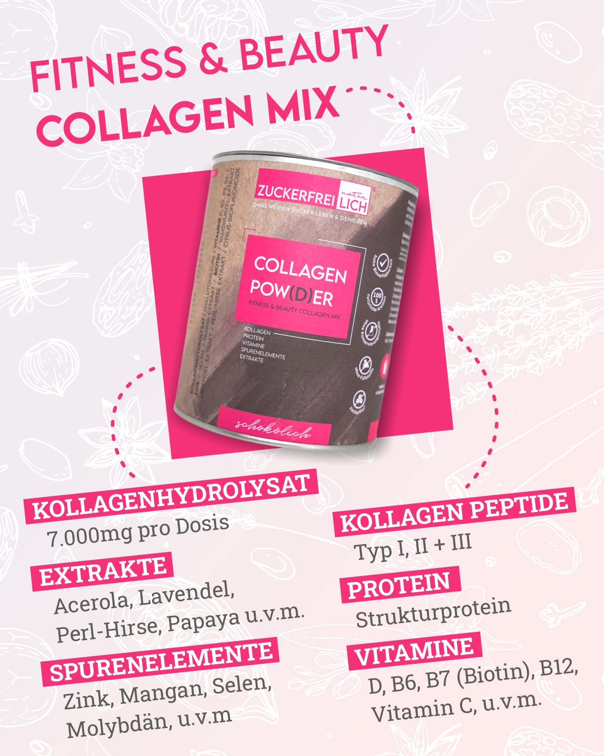 Zuckerfreilich Collagen Pulver Kokos 240G Ohne Zucker, Kollagen MIT Vitaminen, Zuckerfreies Protein und Spurerenelemenn, Hochdosiert MIT 7.000 mg Kollagenhydrolysasat Pro část