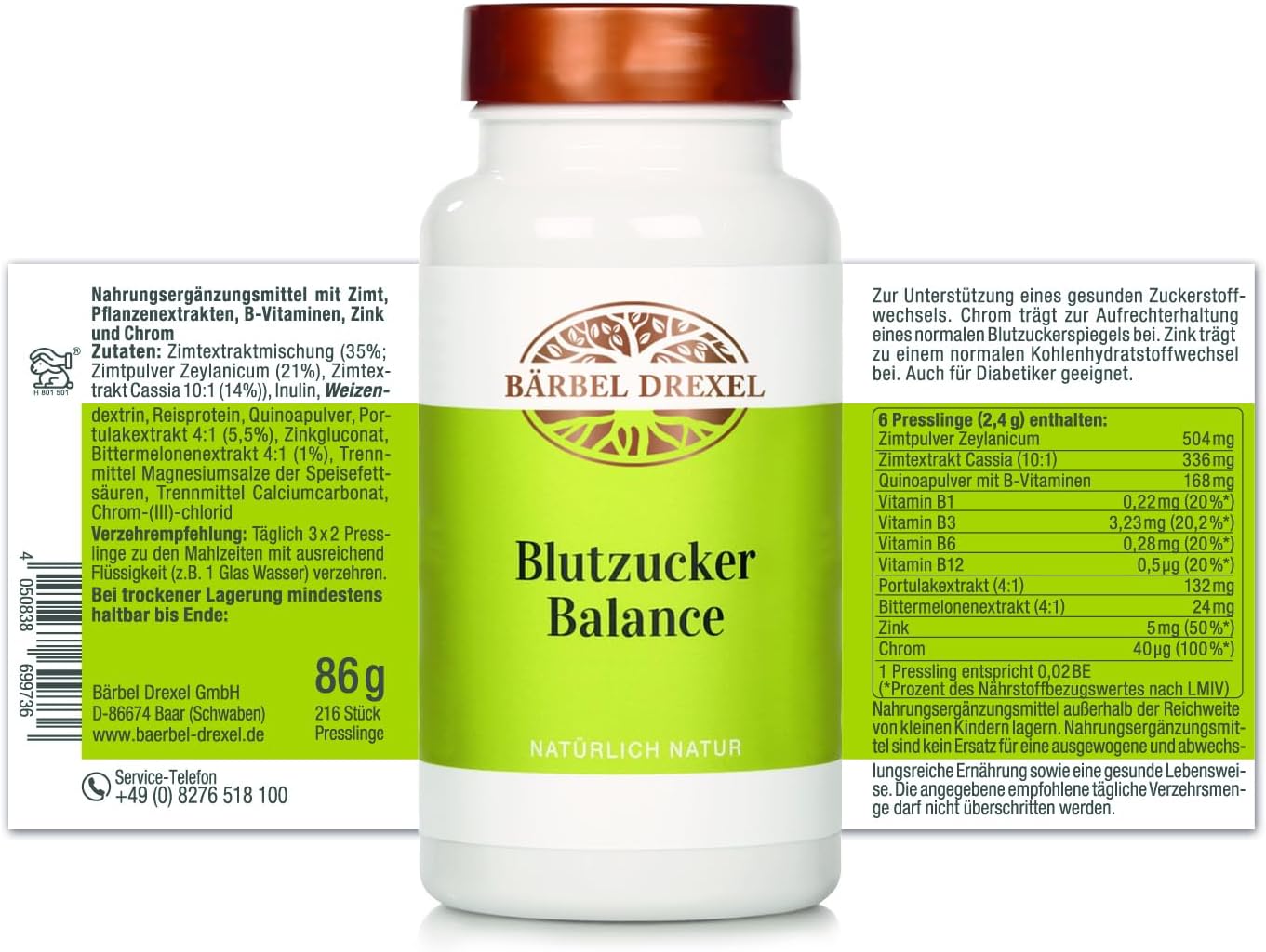 BÄRBEL DREXEL® Blood Sugar Balance Capsules Regulat (216 pcs) 100% Vegan Made in Germany Unique complex: Magnesium Cinnamon Zinc Chromium Purslane Bitter melon, blood sugar level