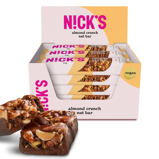 Nicks Keto Bar Almond Crunch, Vegan Chocolate Almond Nut Bar, 173 kalorií, 2,8 čistých sacharidů, bez přidaného cukru, bezlepkové, nízké sacharidy (12x40g)