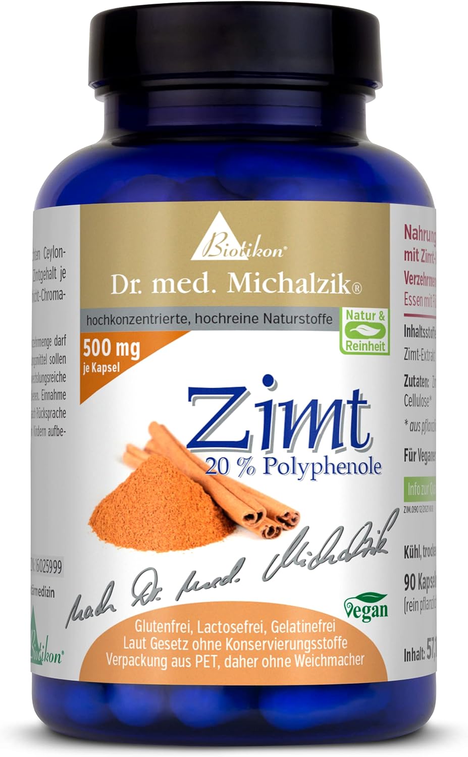 Ceylon Cinnamon Dr. Med. Michalzik - na kapsle [500 mg] skořice + [20%] polyfenoly - nejlepší extrakt z reálného stromu skořice Ceylon - bez přísad - z Biotikon®