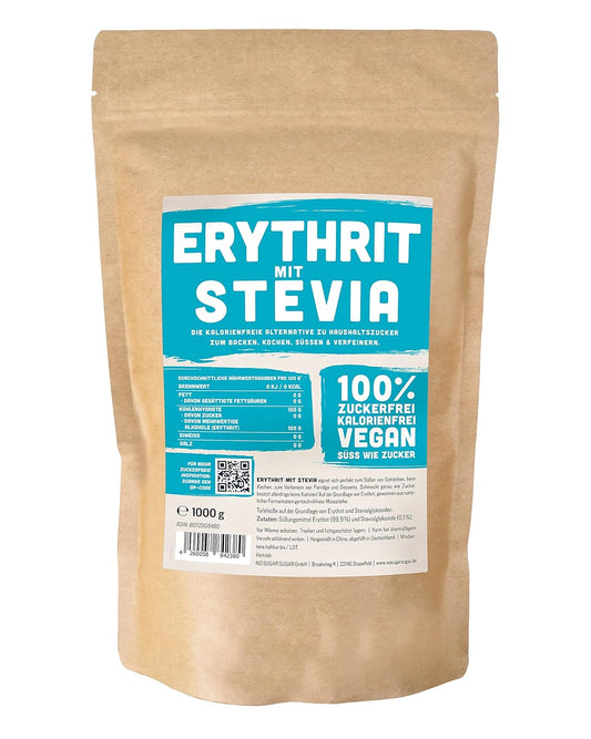 Erythritol + Stevia Natural Cukr náhrada bez kalorií 1: 1 sladkost ve srovnání s cukrem, žádná chuť své vlastní, zdravé alternativy pro vaření, pečení, sladění (1 kg doypack)