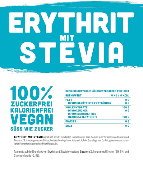 Erythritol + Stevia Natural Cukr náhrada bez kalorií 1: 1 sladkost ve srovnání s cukrem, žádná chuť své vlastní, zdravé alternativy pro vaření, pečení, sladění (1 kg doypack)