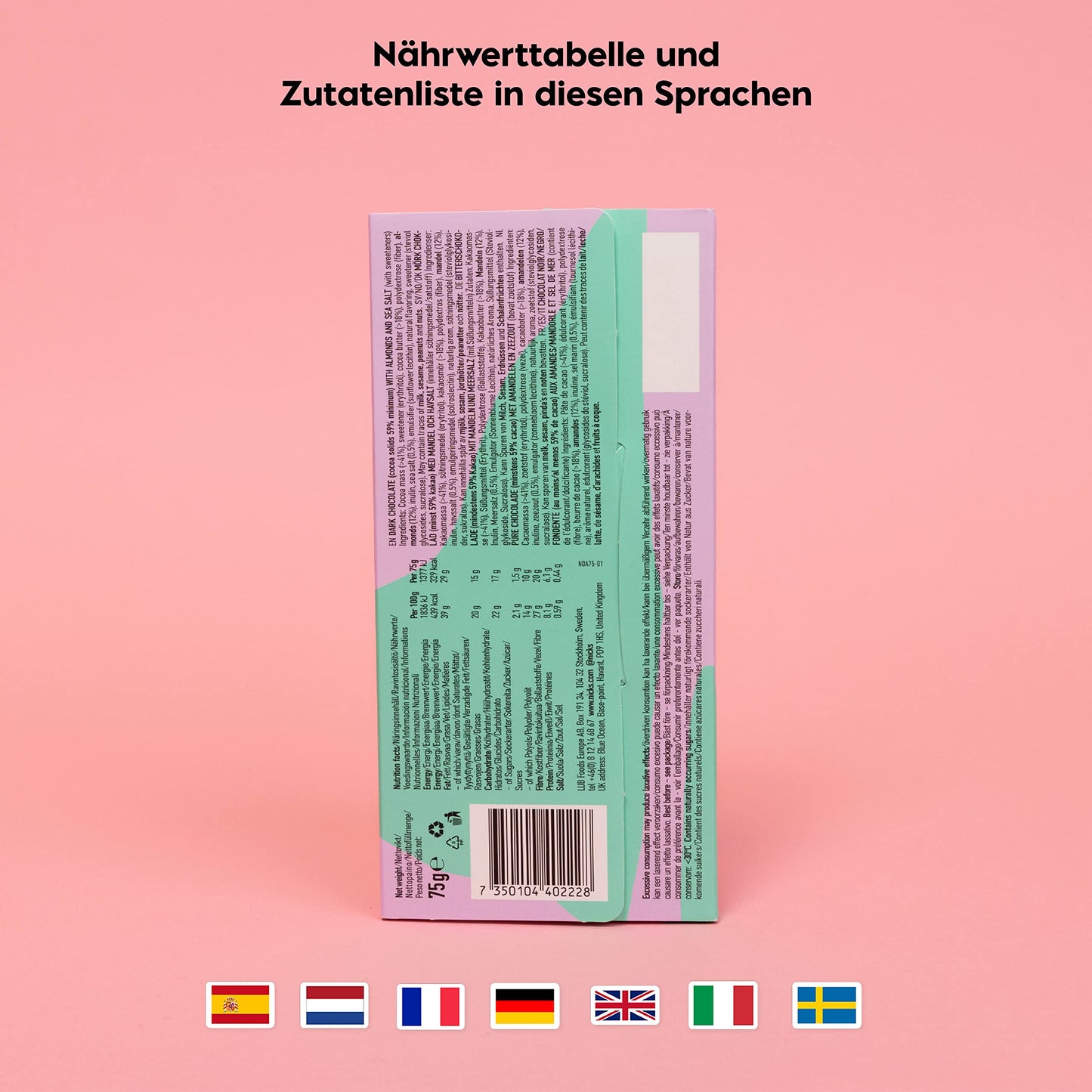 Nicks čokoládové tyčinky mísí bez přidaného cukru, bezlepkového, nízkého karbu, bez palmového oleje, keto čokolády (3x75g)