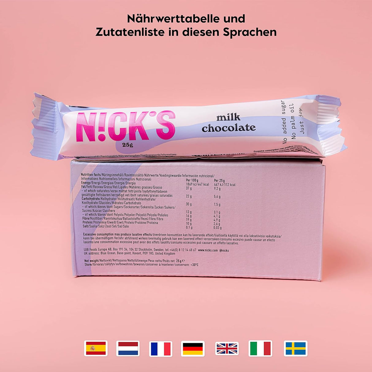 Nicks mléčné čokoládové keto bary bez přidaného cukru, 112 kcal, 3,4 g čistých uhlohydrátů, nízkoeribkových sladkostí, bezlepkový občerstvení (15x25g)