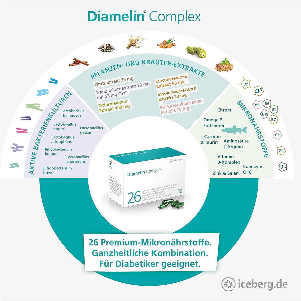 Diamelinový komplex - doplněk stravy pro normální hladinu cukru v krvi s chromem také vhodný pro diabetiky - 26 vitamínů a mikroživin, jako je OPC, skořice, zázvor, důležité střevní bakterie