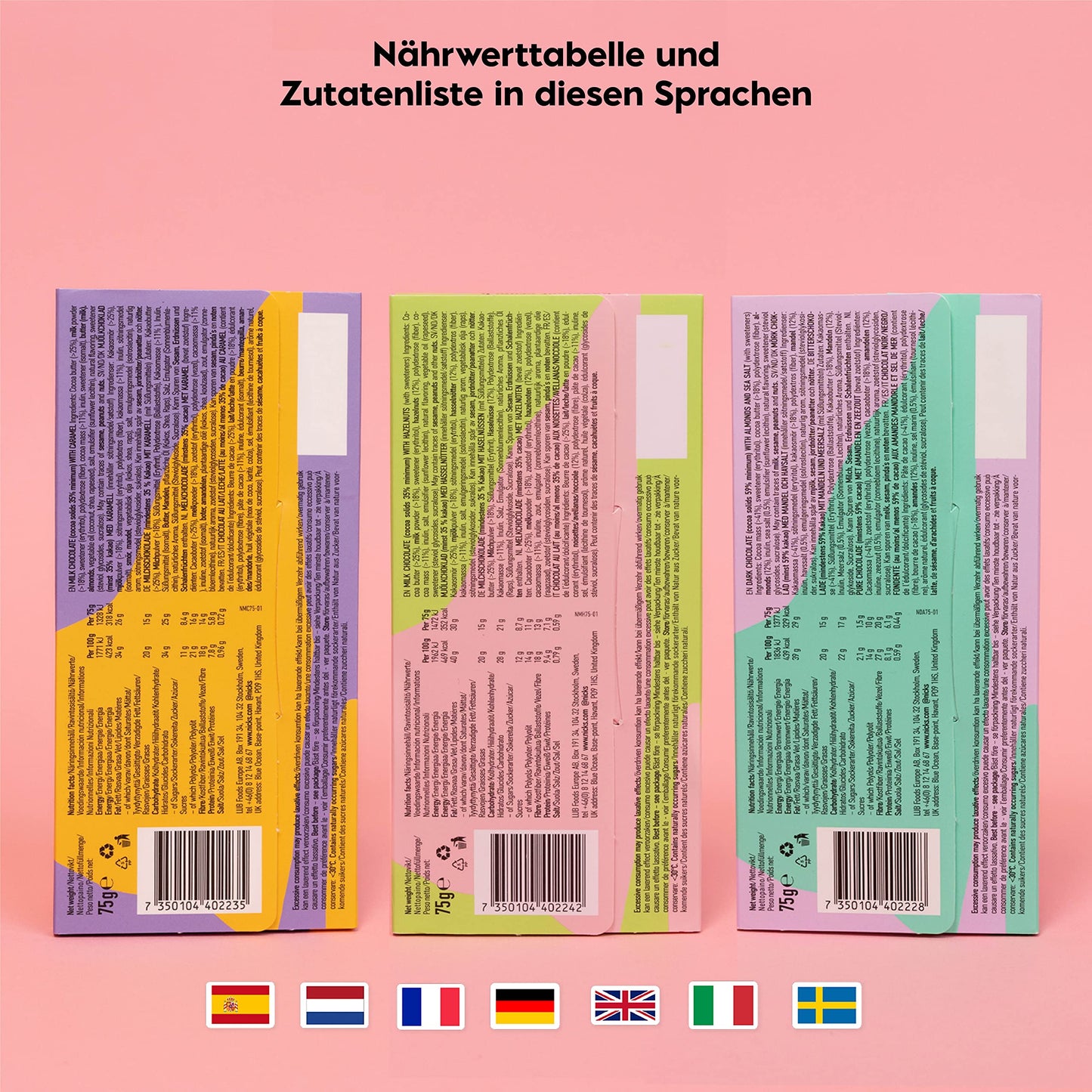 Nicks čokoládové tyčinky mísí bez přidaného cukru, bezlepkového, nízkého karbu, bez palmového oleje, keto čokolády (3x75g)