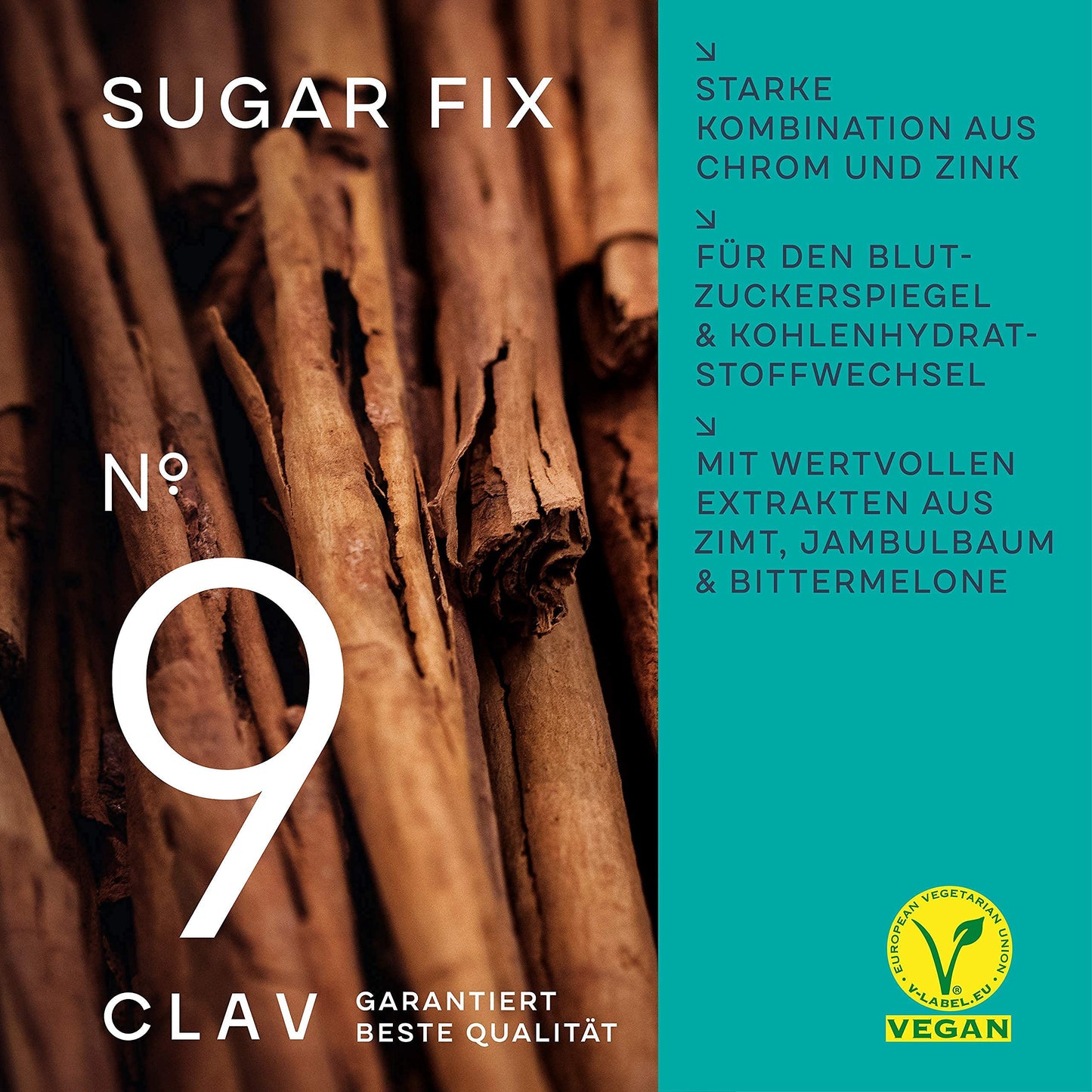 CLAV® N°9 SUGAR FIX - Skořicové kapsle se 400 mg skořicového extraktu, 40 μg chrómu a 10 mg zinku na denní dávku plus beta glukan, strom jambul a hořký meloun - rovnováha krevního cukru - 60 kapslí - vegan